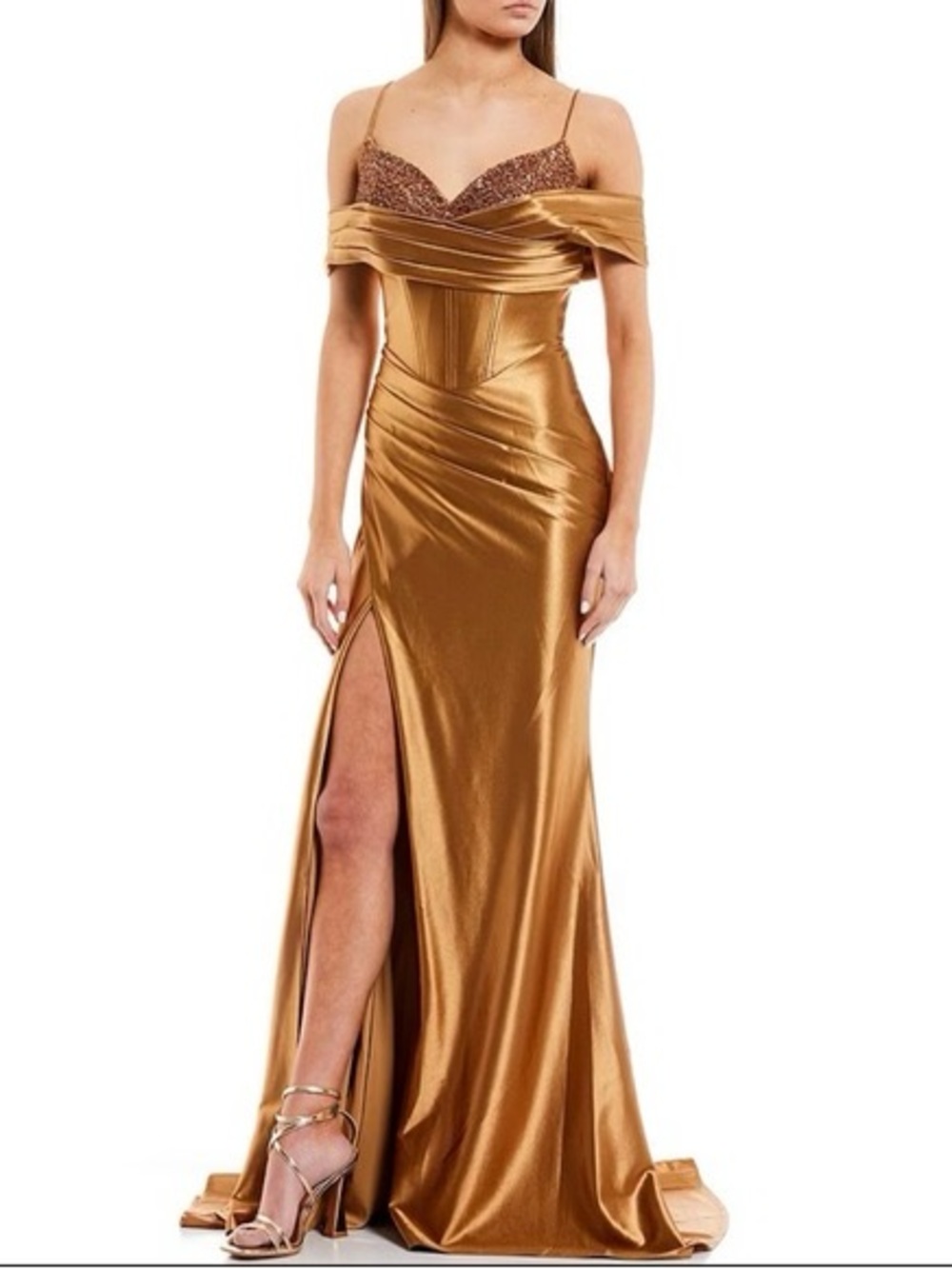 Cinderella Gold Off-Shoulder Satin Prom Gown with Beaded Bodice